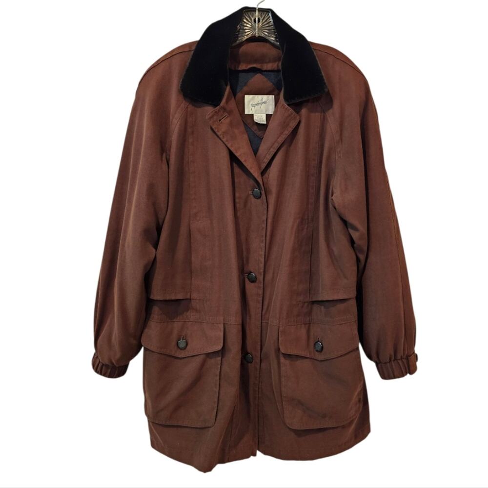 Jacqueline Ferrar Button Up Mid Length Lined Coat Brown Velour Collar Large - Picture 7 of 8